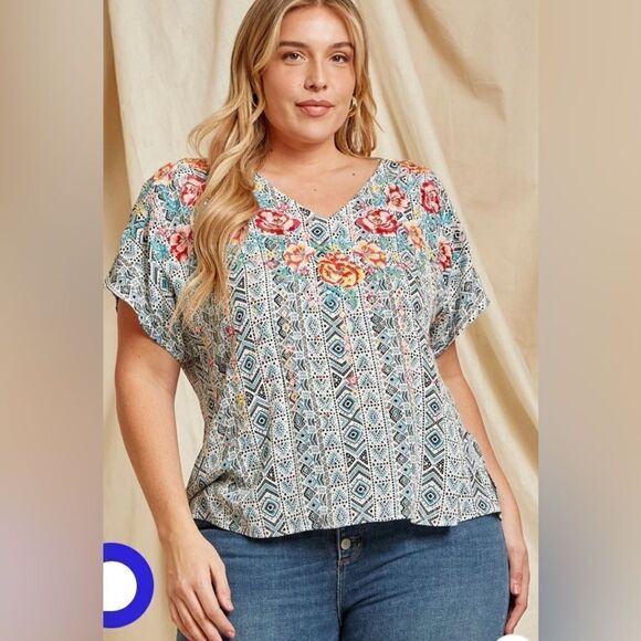 Savanna Jane Aztec print blouse w embroidered floral medium bohemian - Picture 1 of 7